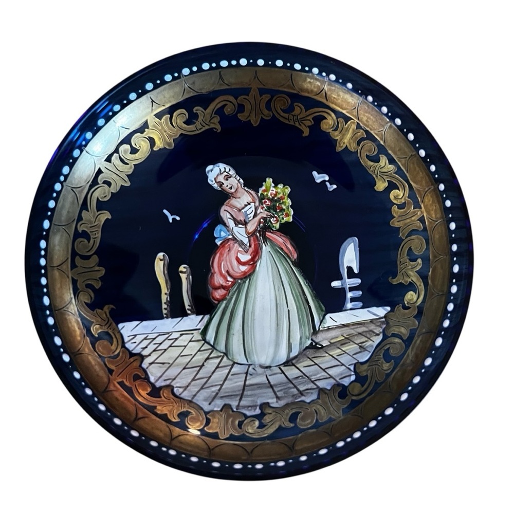 Bohemian Glass Cobalt Blue Enamel Painted Trinket Dish Lady Excellent Vintage